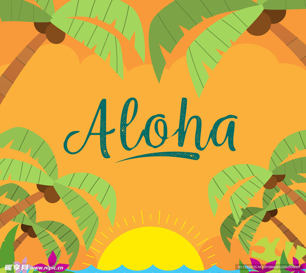 彩色夏威夷岛屿日落风景矢量素材