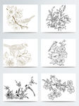 手绘线性桃花与鸟插画