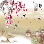 山水玉兰花鸟背景装饰画