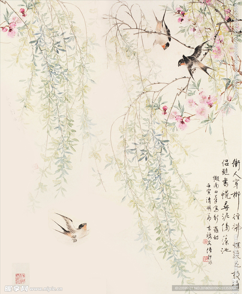 中国风手绘花香鸟语