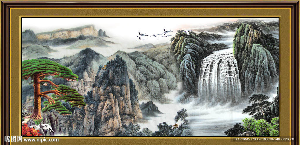 国画山水迎客松