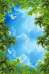 椰子树天空海鸥蓝天白云
