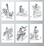 线描古典美女PNG免抠素材