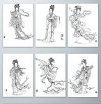 手绘线描古典美女PNG免抠素材