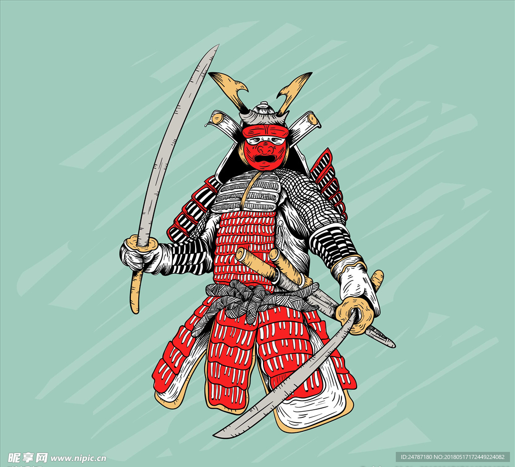 矢量彩色日本武士人物