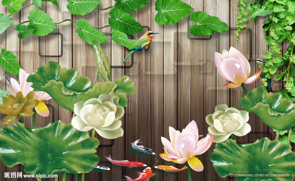 荷花电视背景墙