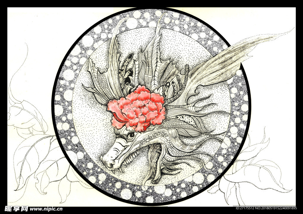 手绘线描青龙头部图