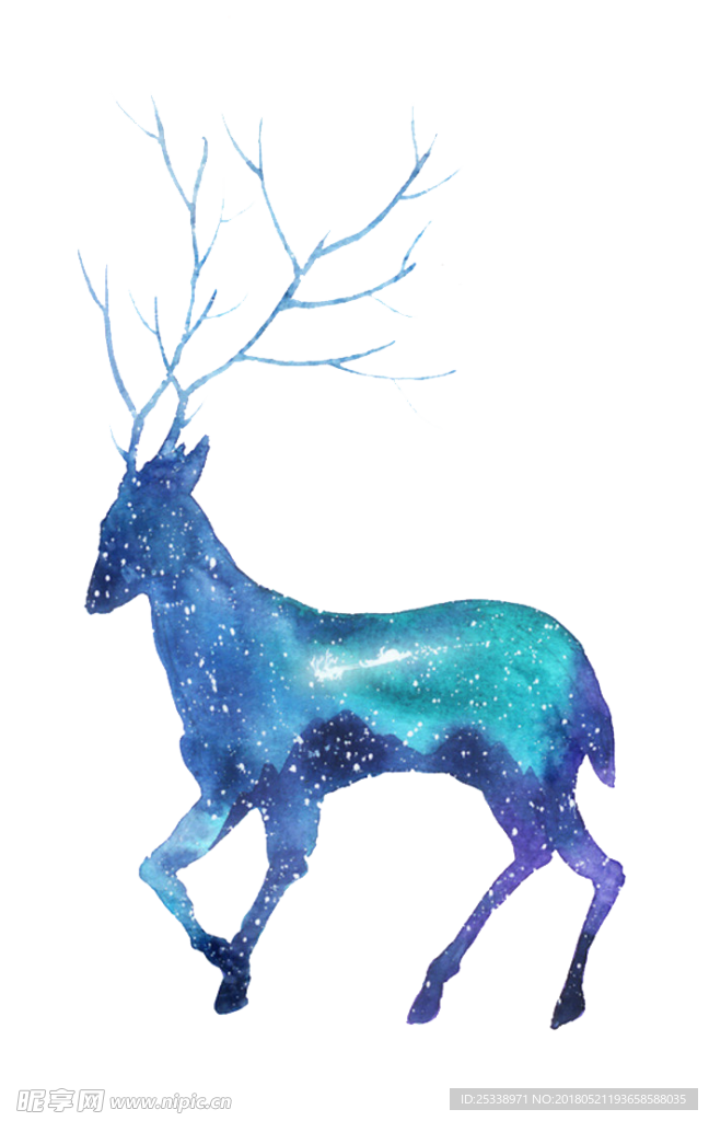 星空剪影手绘水彩鹿小动物素材