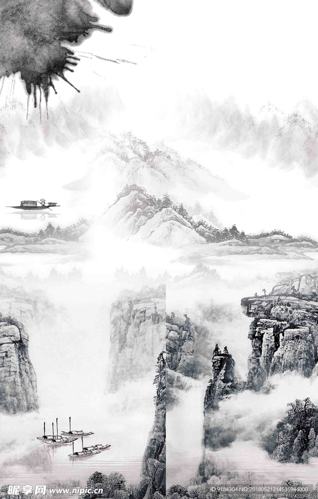 山水背景水墨中国风瀑布国画山川