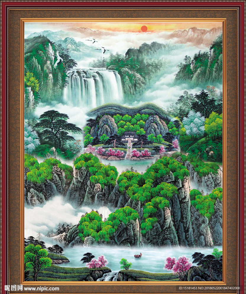 国画瀑布 流水生财