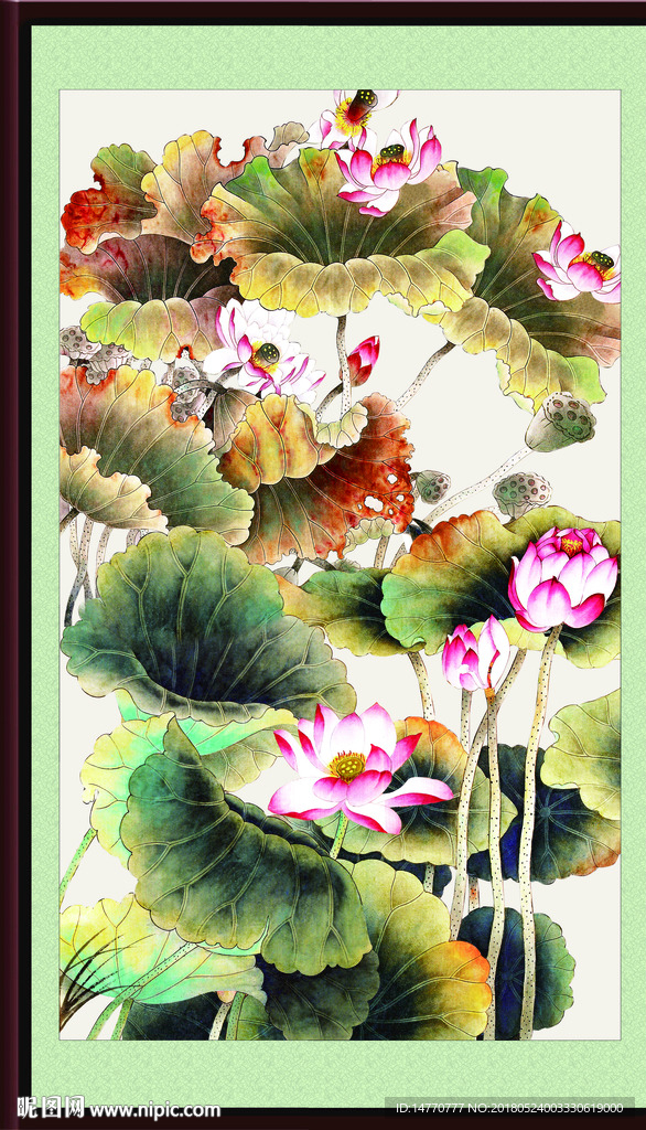 荷花竖幅国画