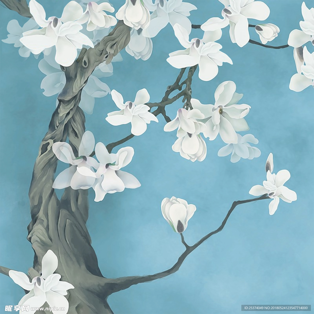 新中式手绘蓝色玉兰花树田园花卉