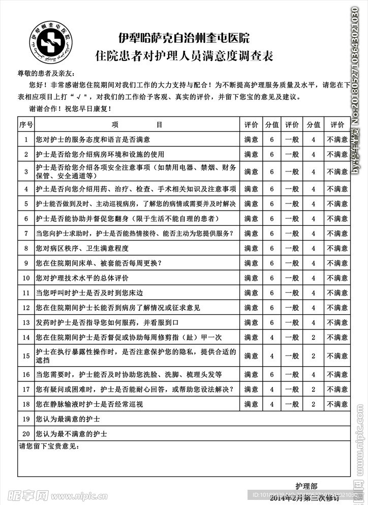 住院患者对护理人员满意度调查表