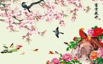 花开富贵彩雕桃花牡丹背景墙