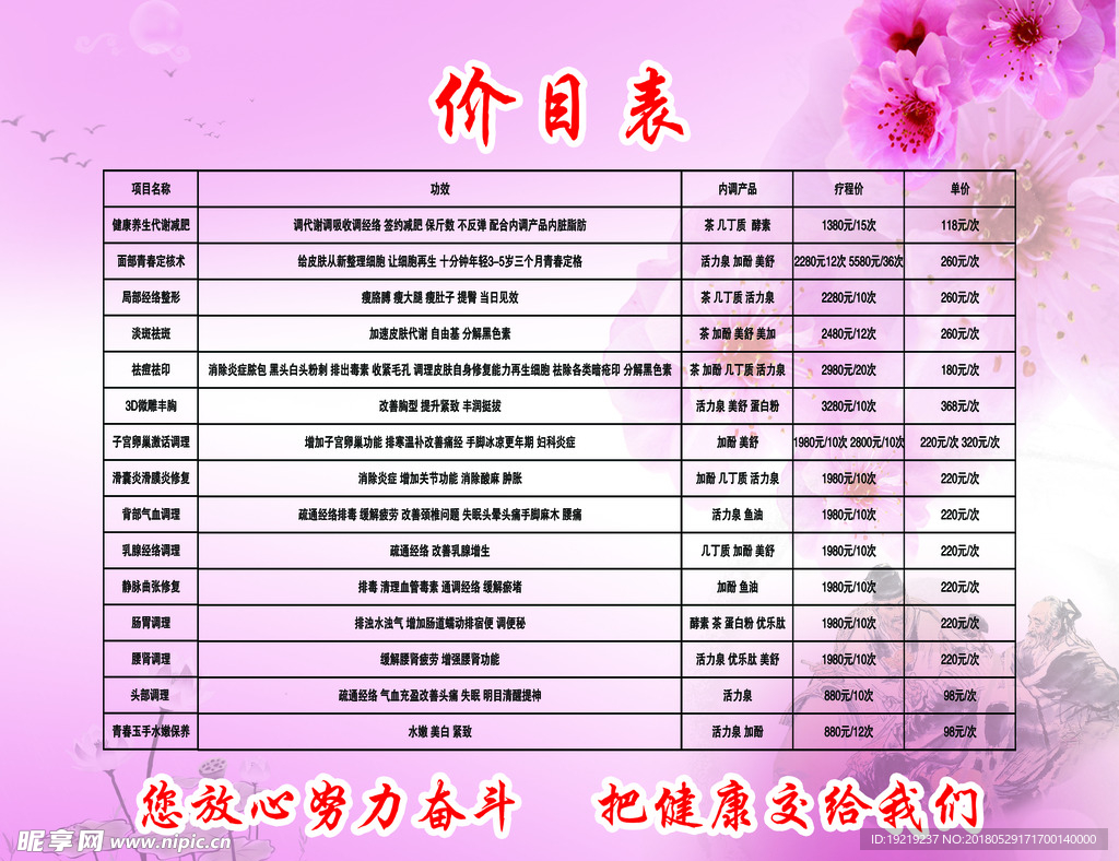 美容店价格表