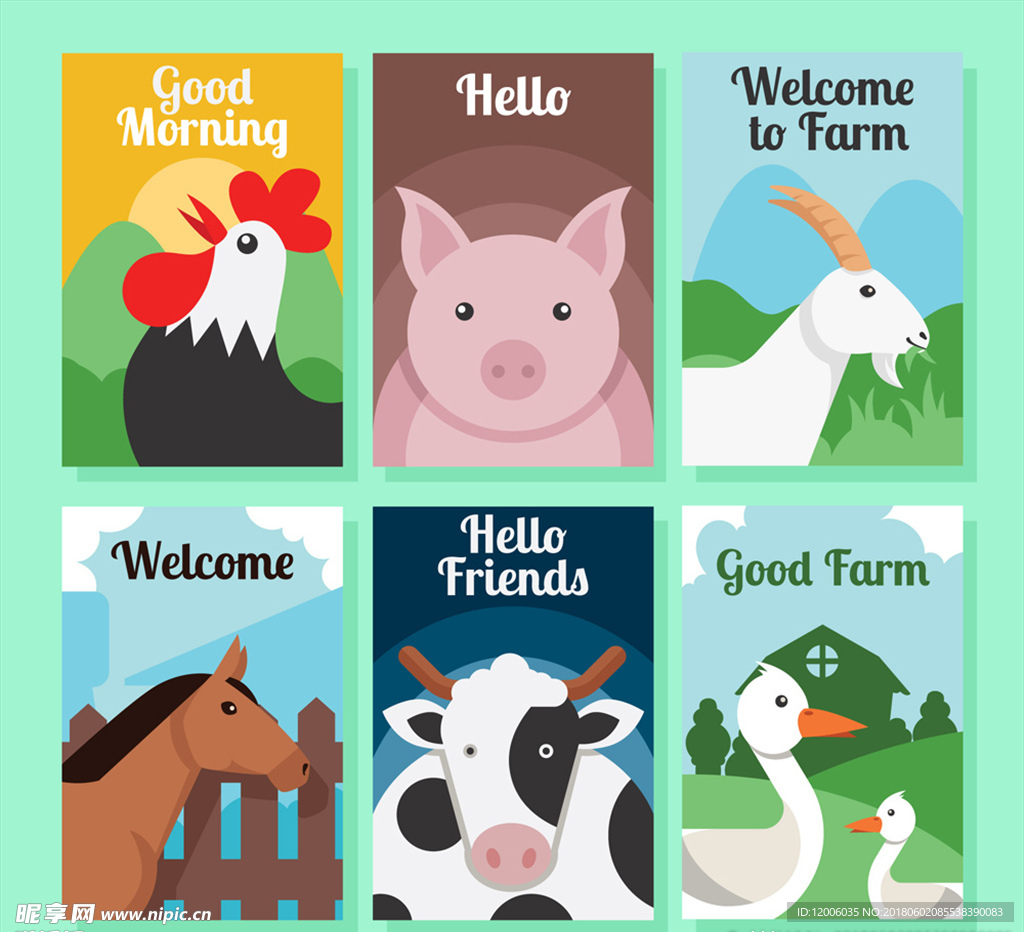 6款创意农场动物卡片矢量素材
