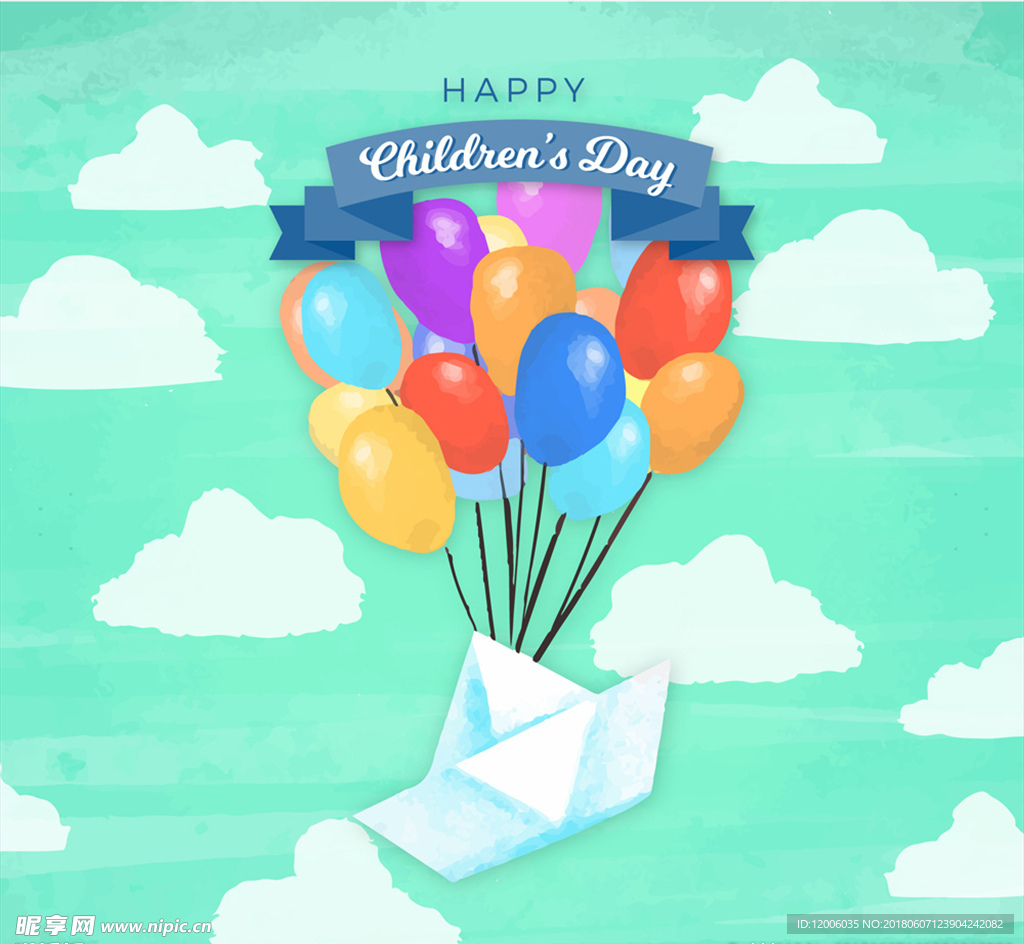 创意儿童节气球和纸船矢量素材