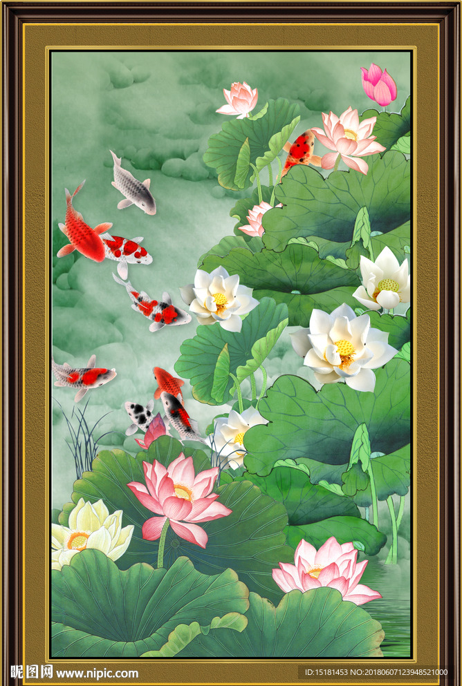 国画荷花鲤鱼图
