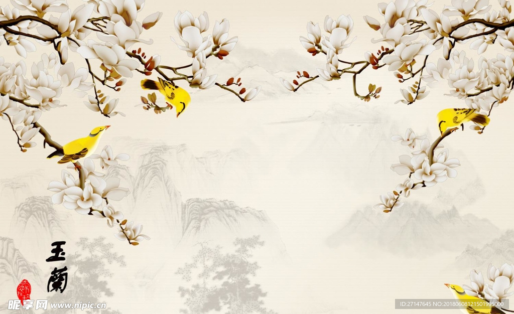 兰花黄鹂花鸟背景