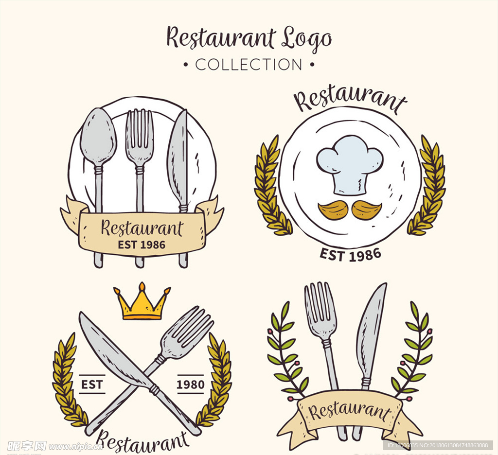 4款彩绘餐馆标志设计矢量素材