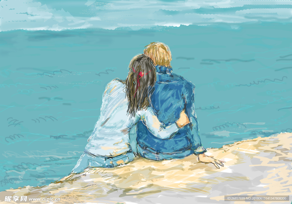情侣依偎在海边装饰画