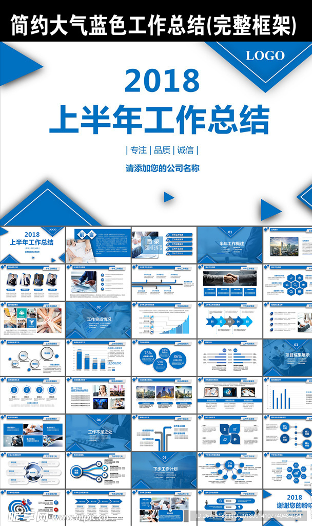 大气简约蓝色工作总结PPT模版