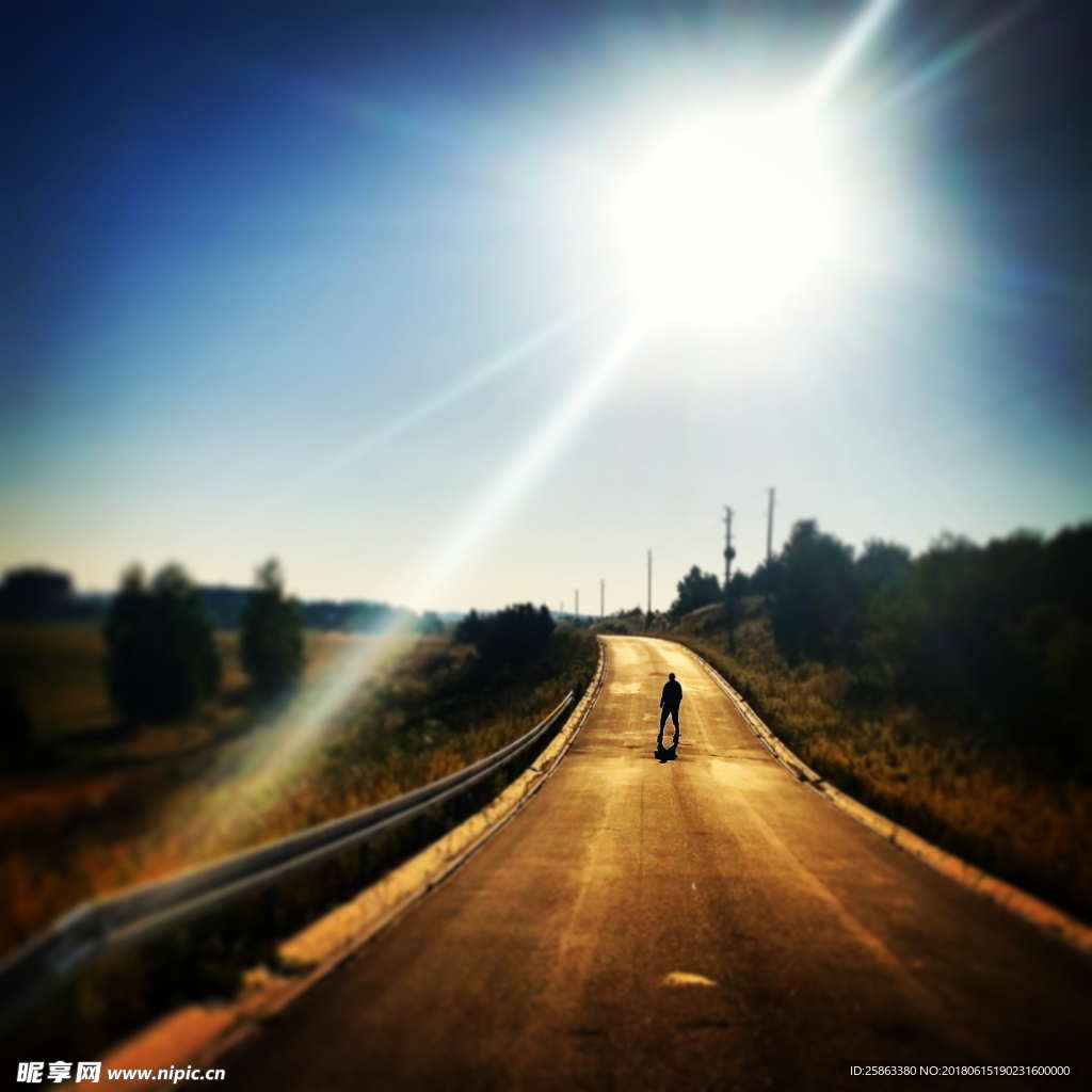 公路 阳光 电线杆 人