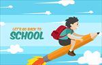 坐做铅笔飞向学校的男孩