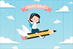 坐做铅笔飞向学校的女孩