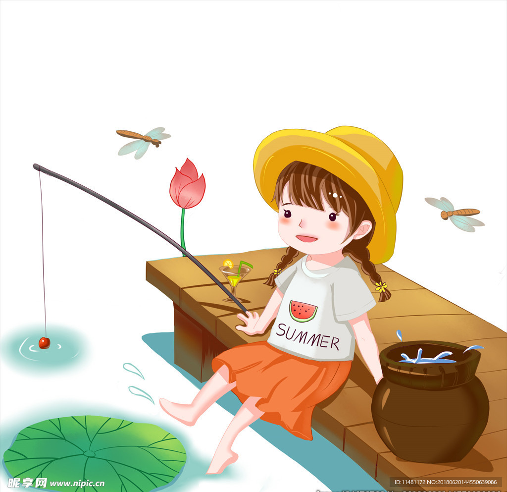 夏至可爱小女孩钓鱼游戏插画