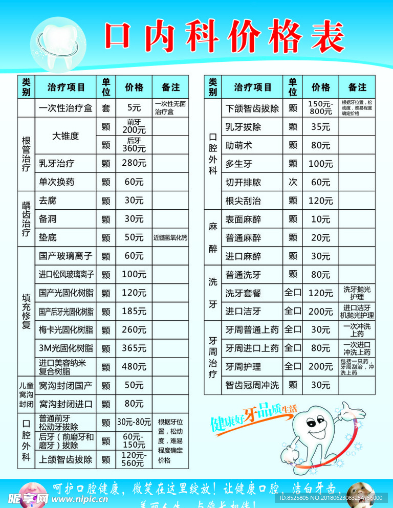 牙齿价目表