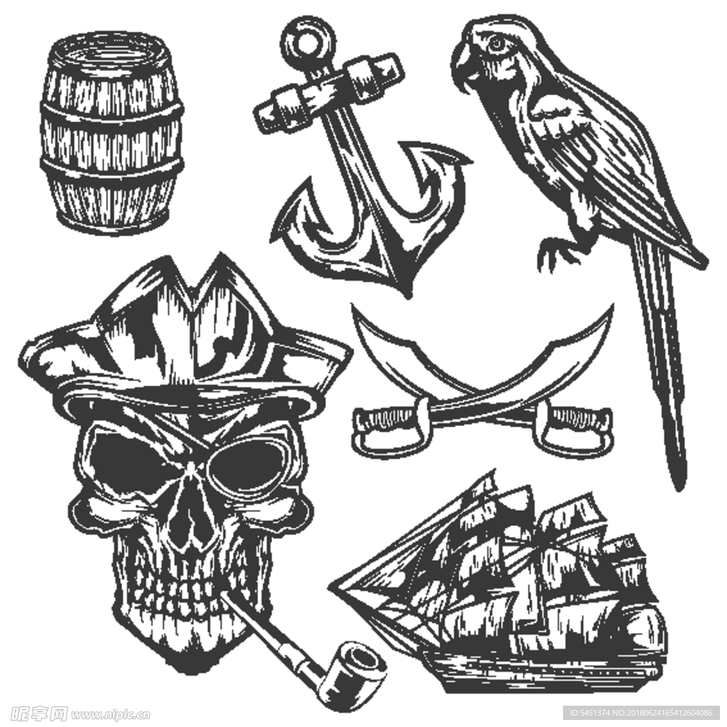 黑白矢量素描海盗日常用品