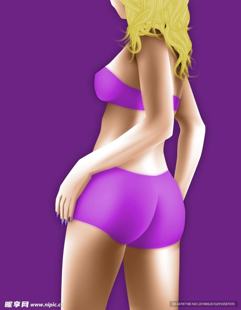 手绘插画女人背部比基尼
