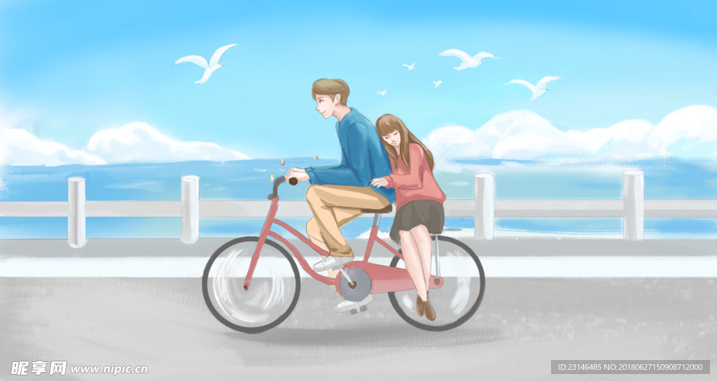蓝色浪漫情人节海滩插画