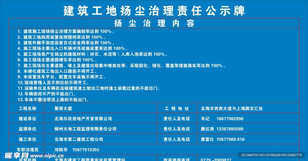 建筑工地扬尘治理责任公示牌