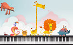 钢琴上的动物卡通背景墙
