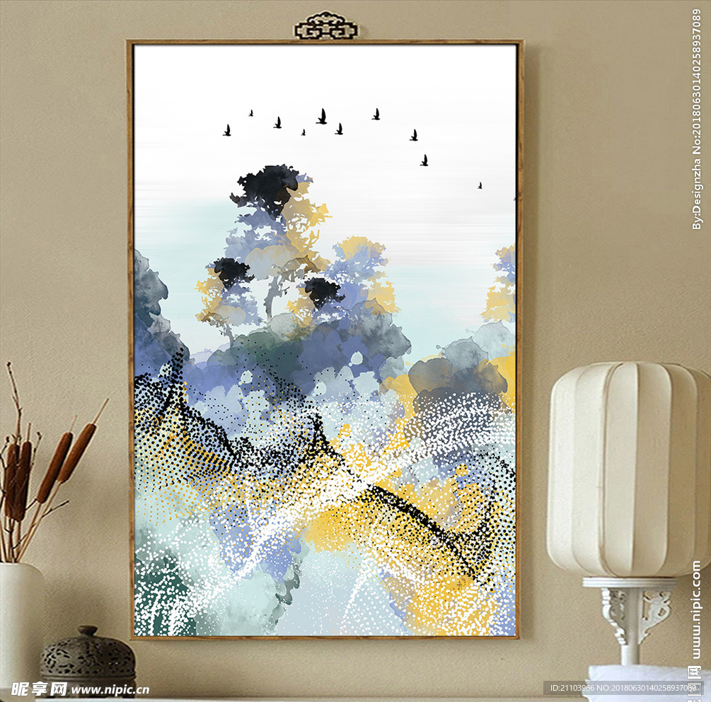 中式云雾水墨山水飞鸟玄关装饰画