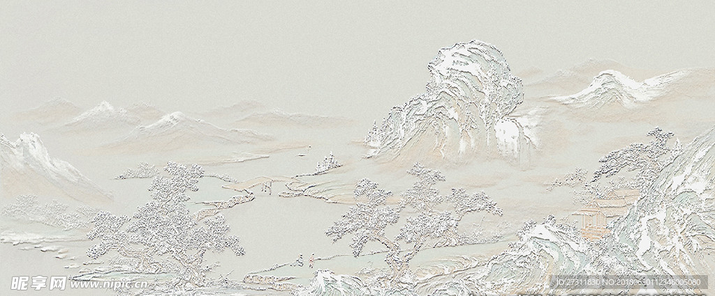 新中式山水柔美线描壁画