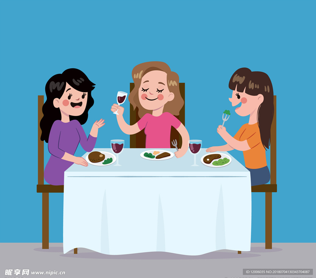 卡通聚餐的3个女子矢量素材