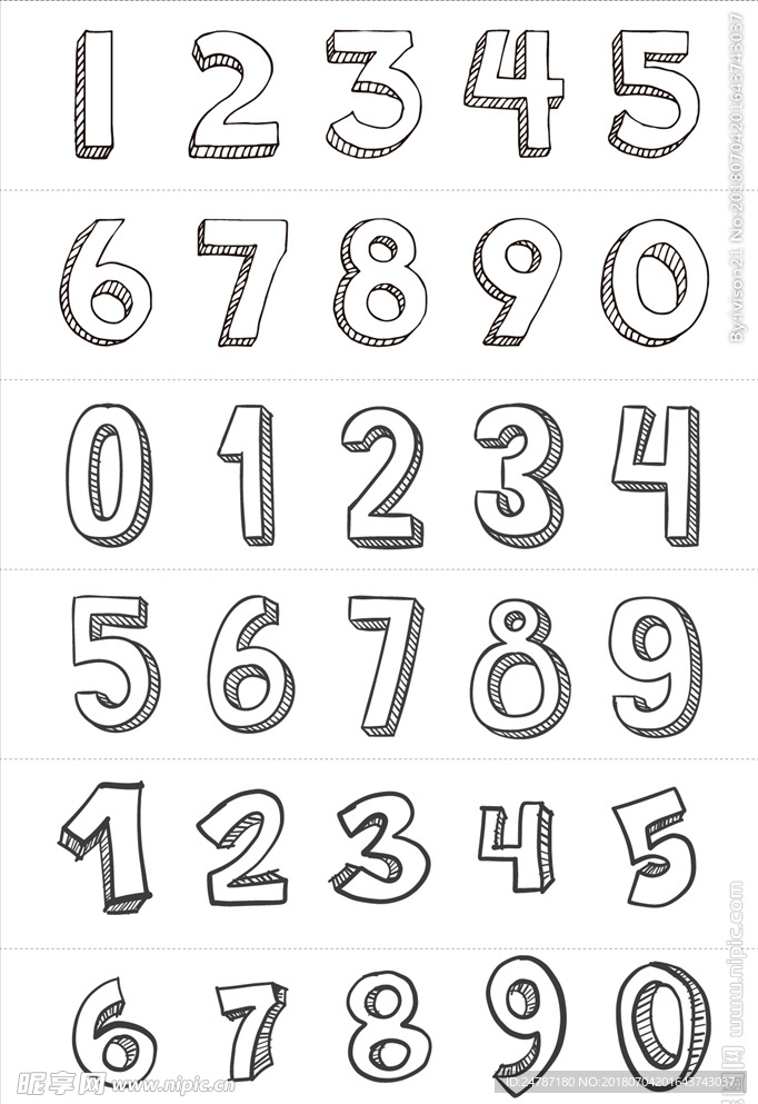 矢量手绘线条立体倒计时数字