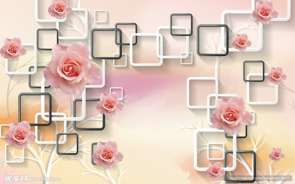 大型3D框框粉红色花卉背景
