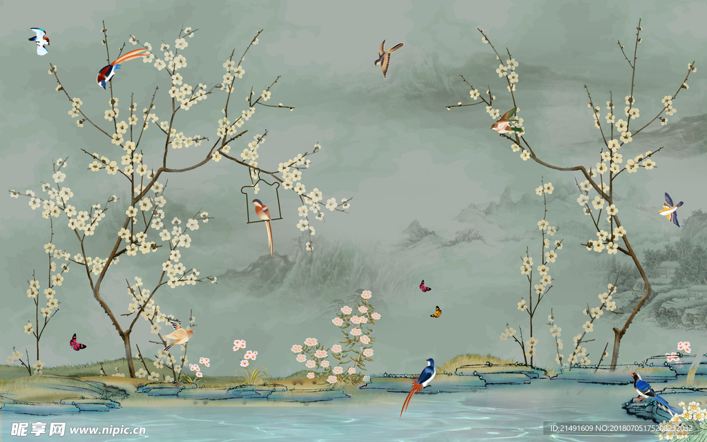 中式花鸟背景墙