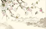 玉兰花水墨飞鸟创意背景底纹素材