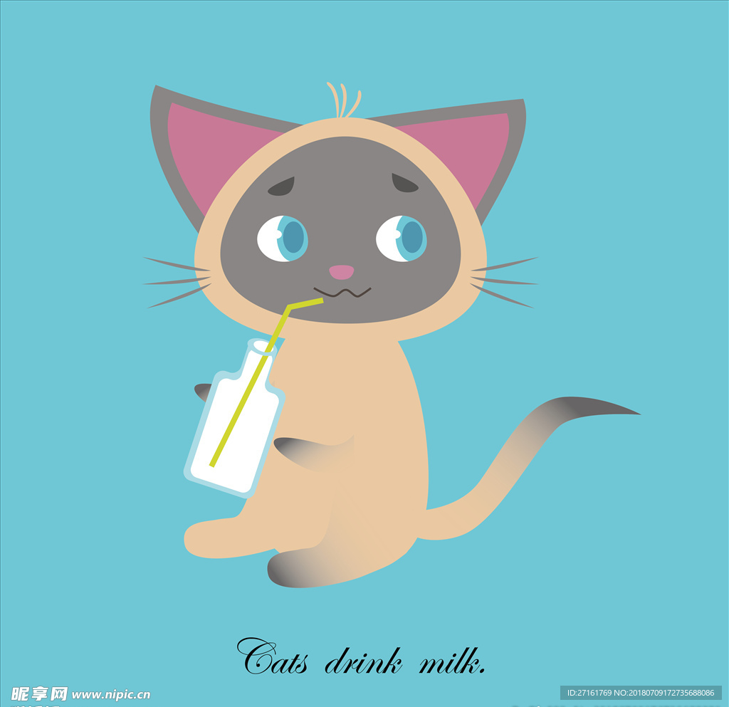 手绘卡通萌萌喝奶猫咪