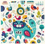 花纹小鸟鲜花猫咪矢量素材