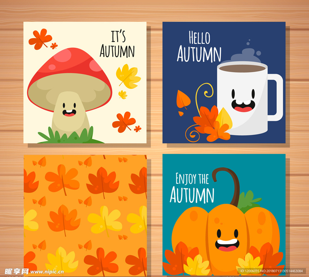 4款可爱秋季元素卡片矢量素材