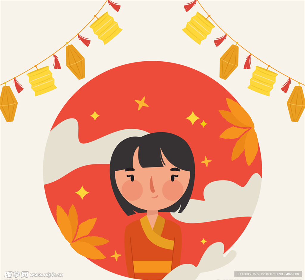 创意中秋节短发女子矢量素材