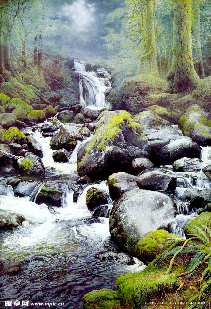 森林溪流油画