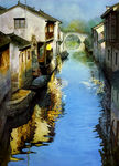 江南水乡油画作品