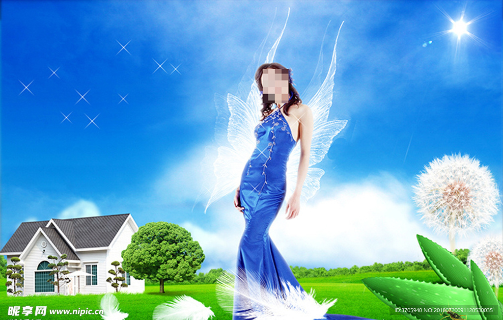 透明翅膀蓝裙美女